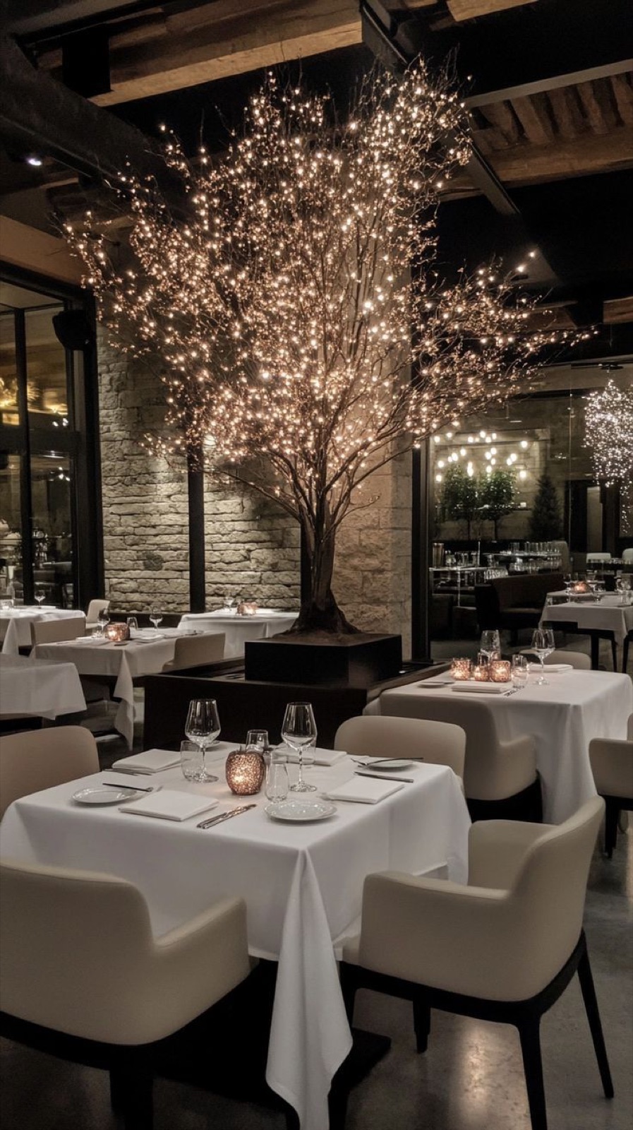 Ağaç ışıkları altında beyaz masa örtülü restoran masaları